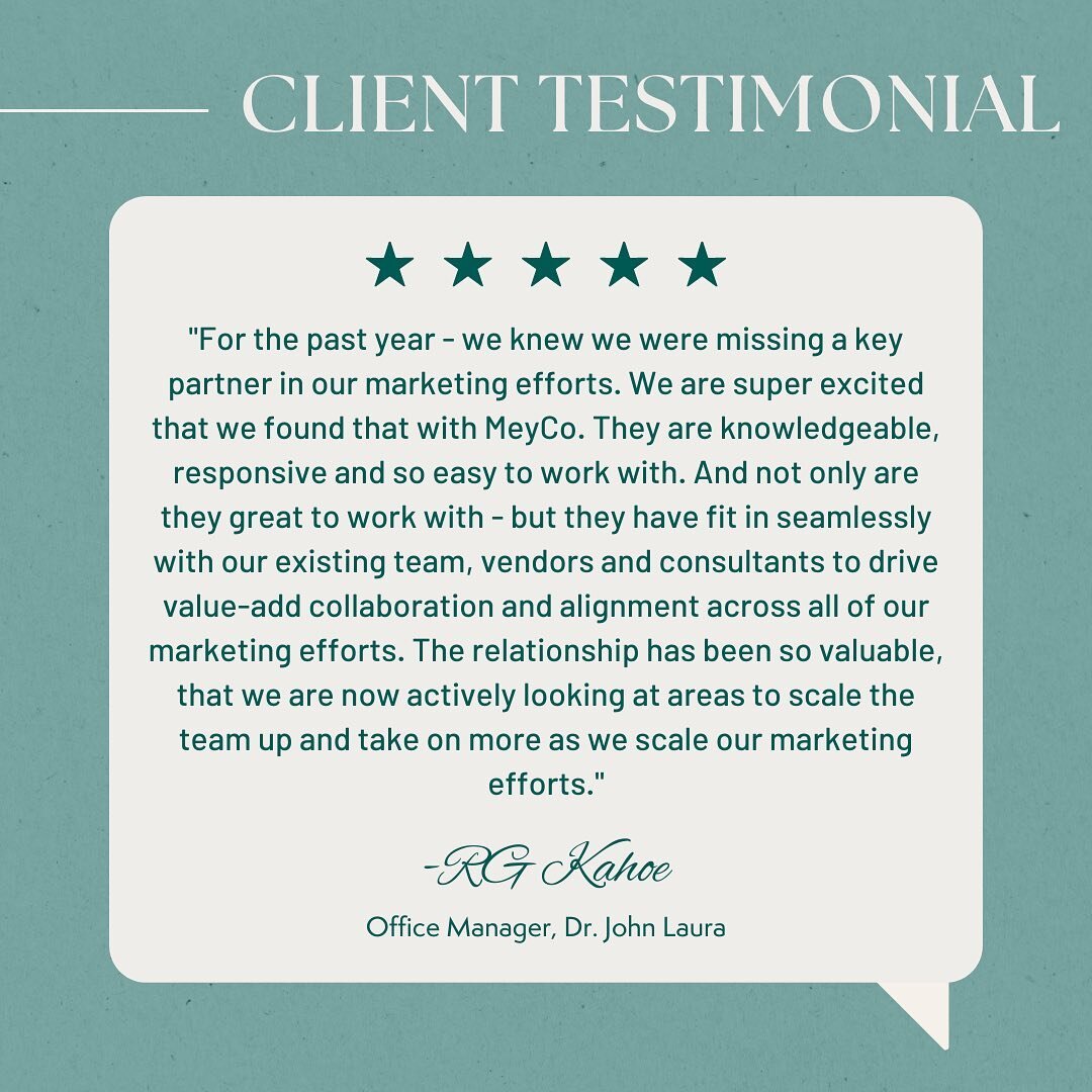 Marketing efforts look different for each client! The MeyCo team works together to figure out how we can integrate seamlessly into your practice based on your individual goals!📈 

Thank you to RG Kahoe for providing us with this kind testimonial. We