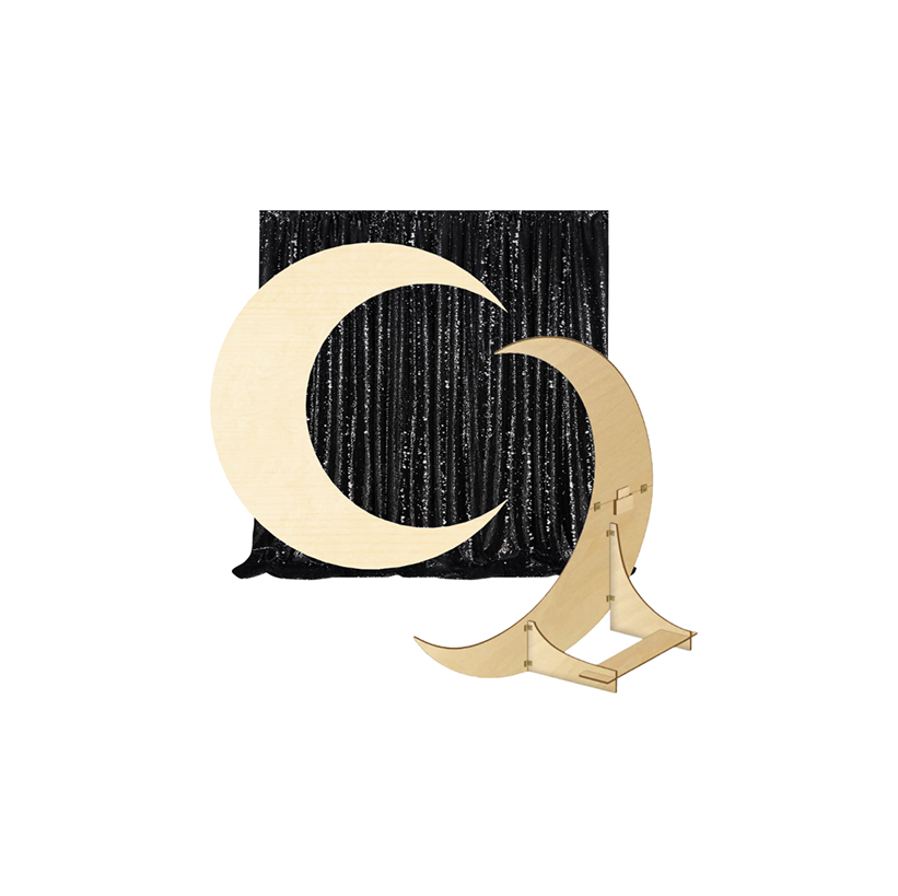 Wood moon backdrop for rent in San Antonio from Lumin Booths.