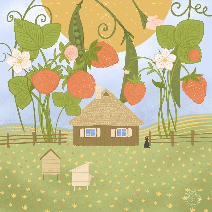 Summer - Brown House, Strawberries and Beehives