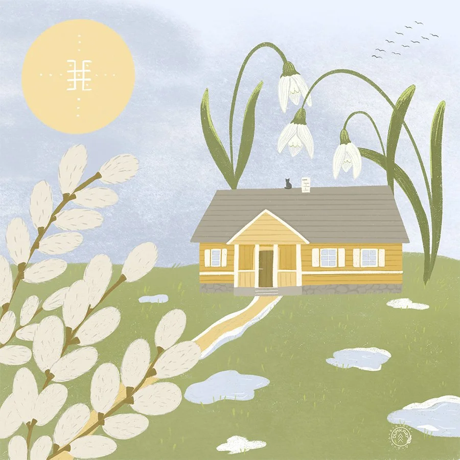 Yellow House and Pussy Willows - Early Spring