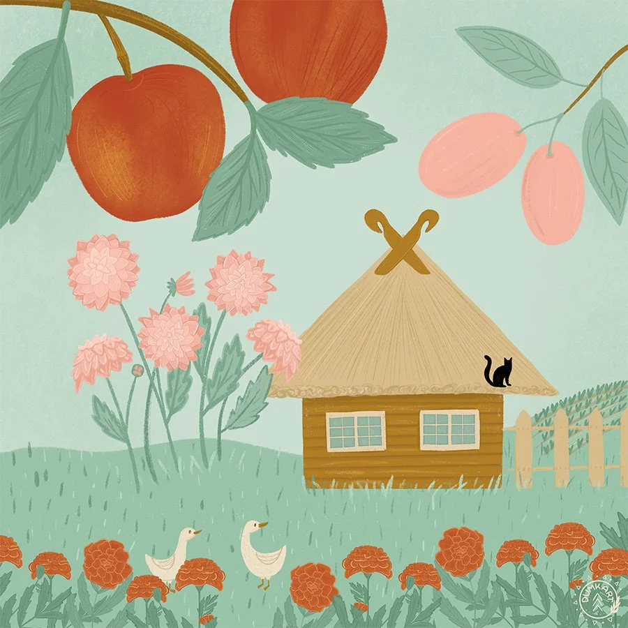 September - Garden Harvest Apples, Plums and Geese