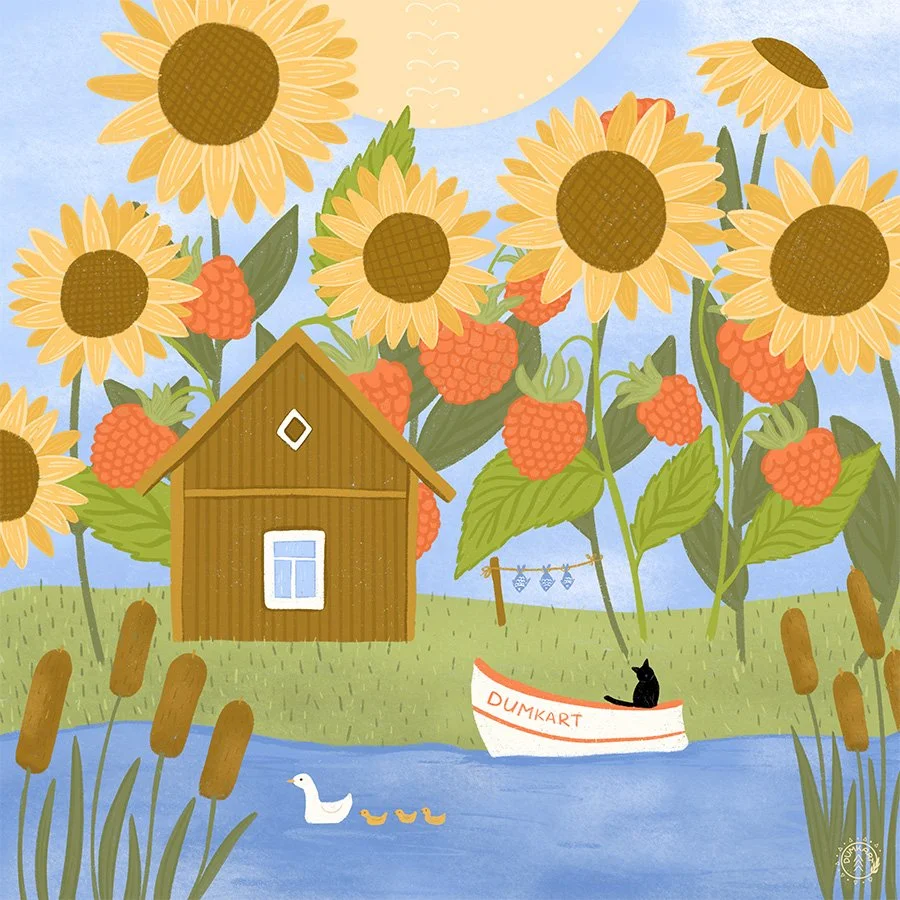 August — Fisherman’s House, Raspberries & Sunflowers