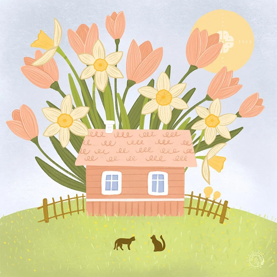 Illustration of a house with a roof covered in large pink and cream flowers, set on a grassy hill with two black cats and a fence, under a yellow sun.