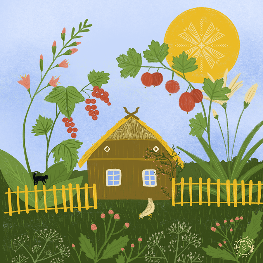 Summer - Thatched-roof house & Gooseberries, Red Currants