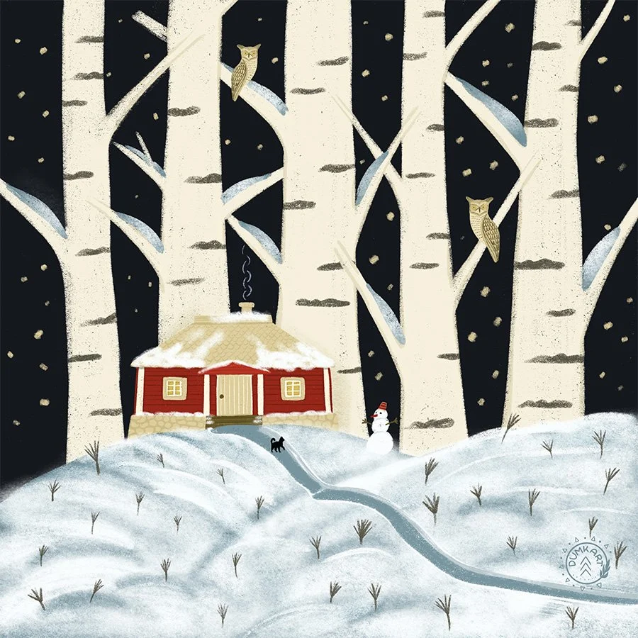 Red House in the Birch forest and Owls