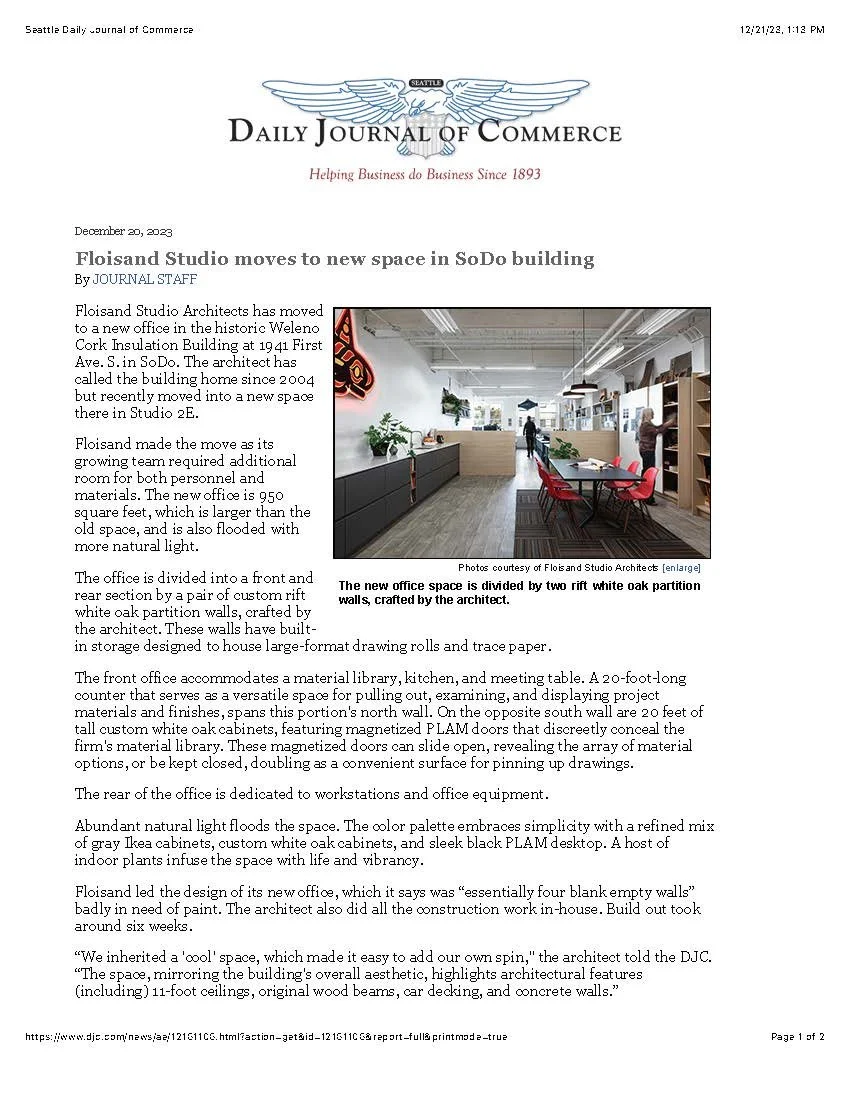A newspaper article from the Seattle Daily Journal of Commerce discussing Floisand Studio's move to a new office in SoDo. The article details the new 950-square-foot space in the historic Welenco Cork Insulation Building, highlighting the use of white oak partition walls and the materials library. A photo shows the modern interior with natural light, gray and black cabinetry, and red chairs. The piece describes the quick six-week build and the architectural features of the space.