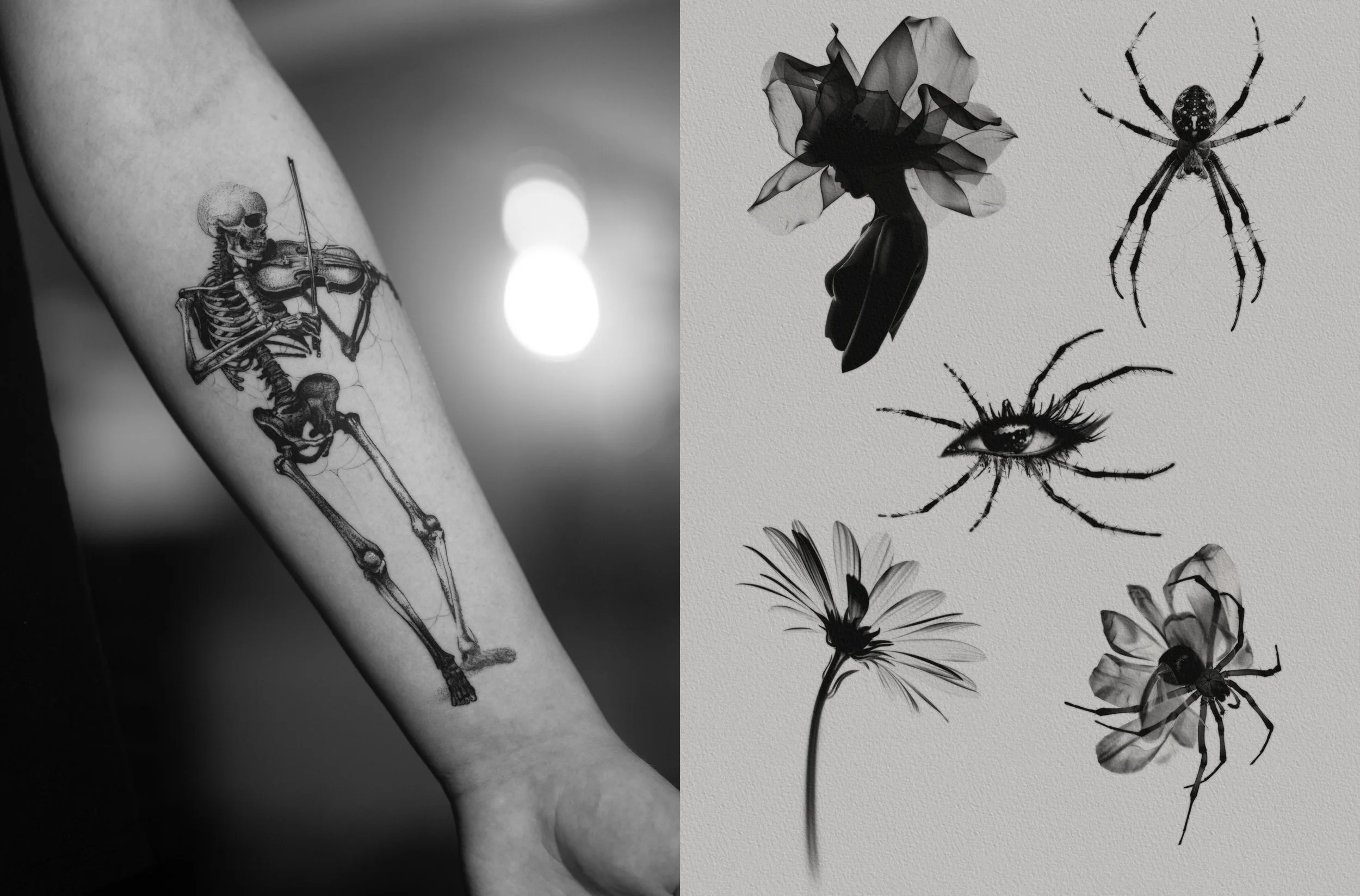 A collage with the left side featuring a black and white tattoo of a human skeleton playing the violin on an arm, and the right side showing black-and-white artistic illustrations of a butterfly, a spider, an eye with spider legs, and various flowers.