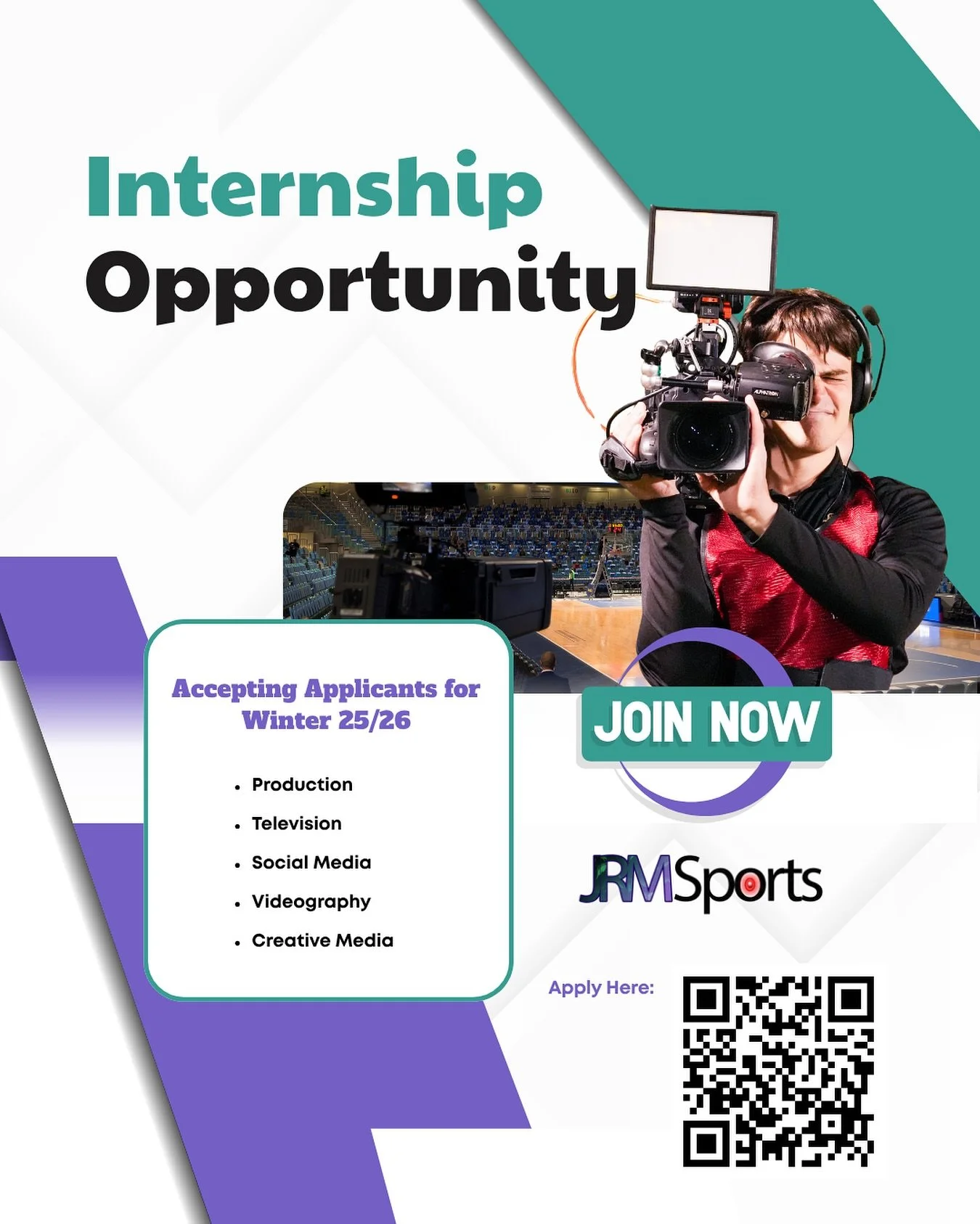 Kickoff your career in sports media with JRM Video!

We&rsquo;re looking for interested applicants for our 2025/26 Winter internship. See flyer for more details.

Interested applicants apply via QR Code Link.