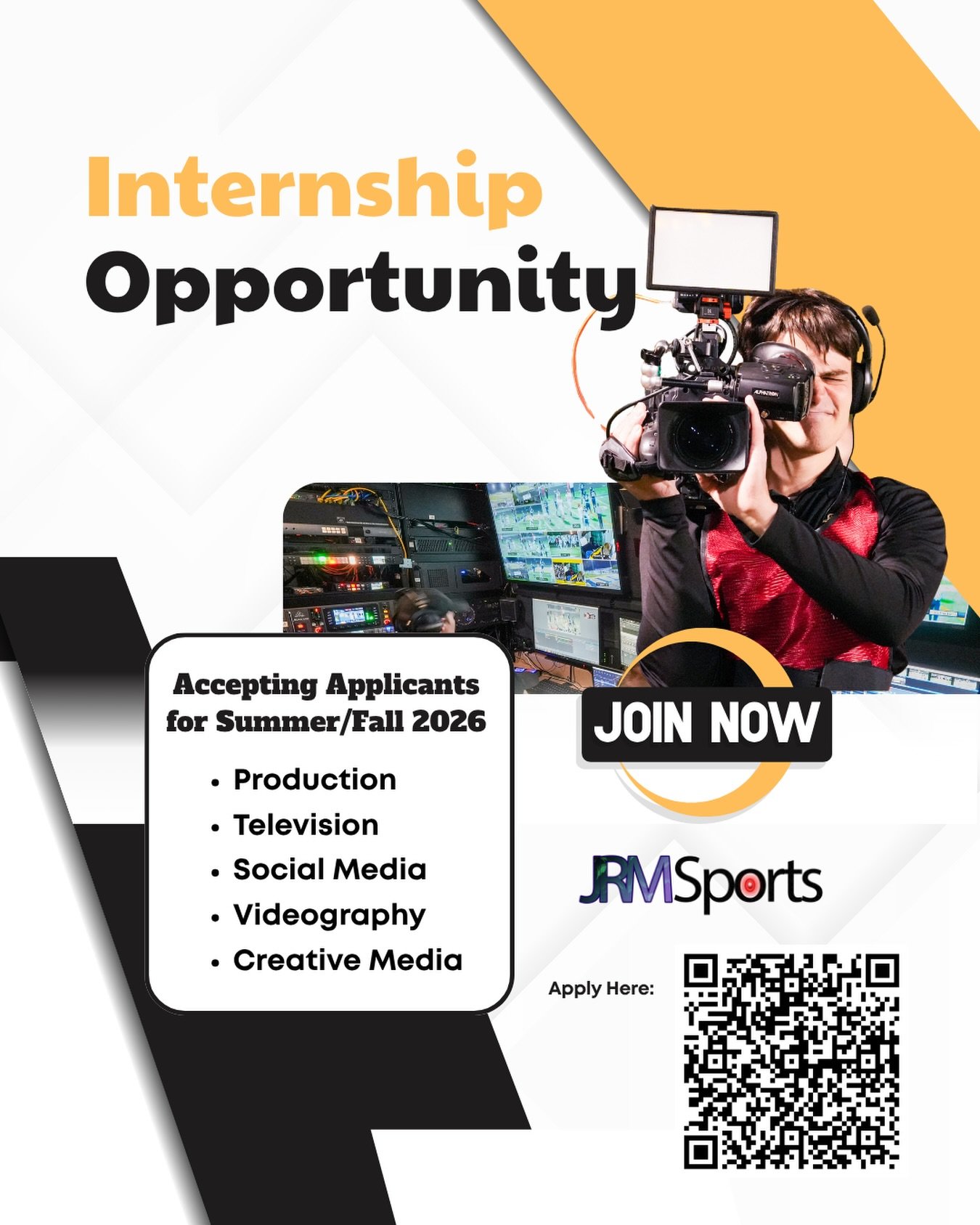 Kickoff your career in sports media with JRM Video!

We&rsquo;re looking for interested applicants for our 2026 Summer/Fall internships. See flyer for more details.

Interested applicants apply via QR Code Link.