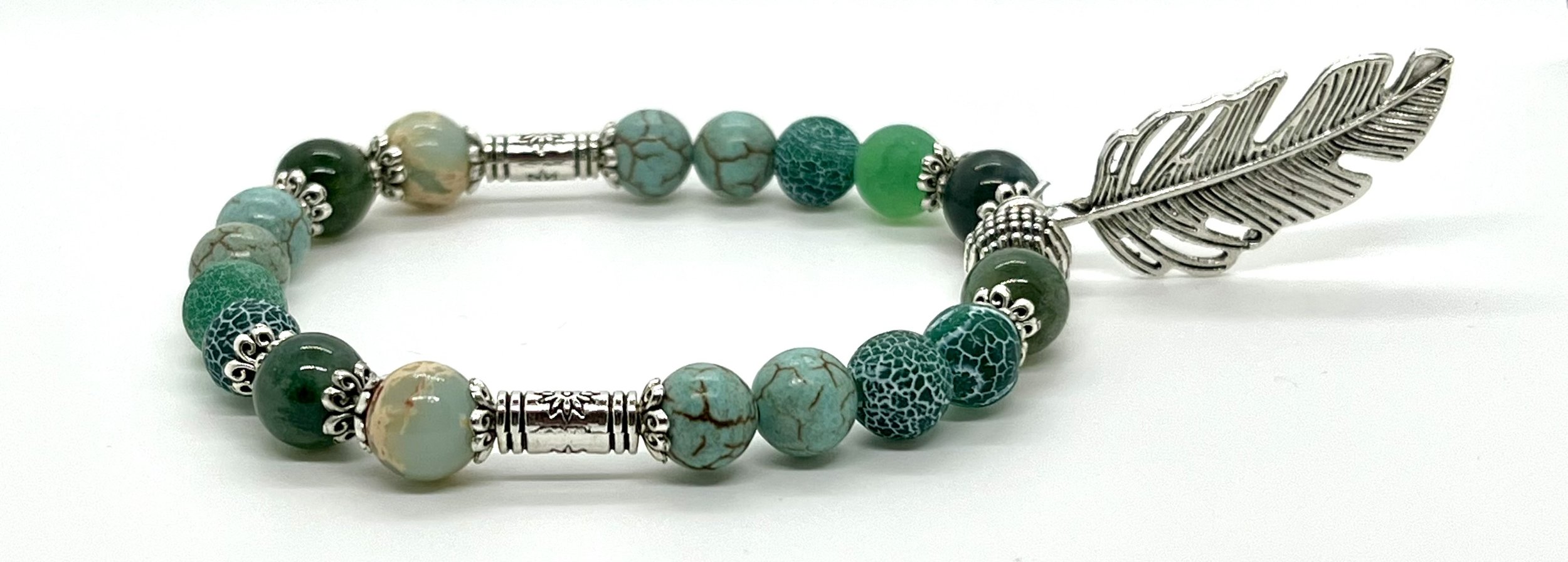 Snakeskin Jasper, Green Moss Agate, Green Fire Agate & Turquoise with charms