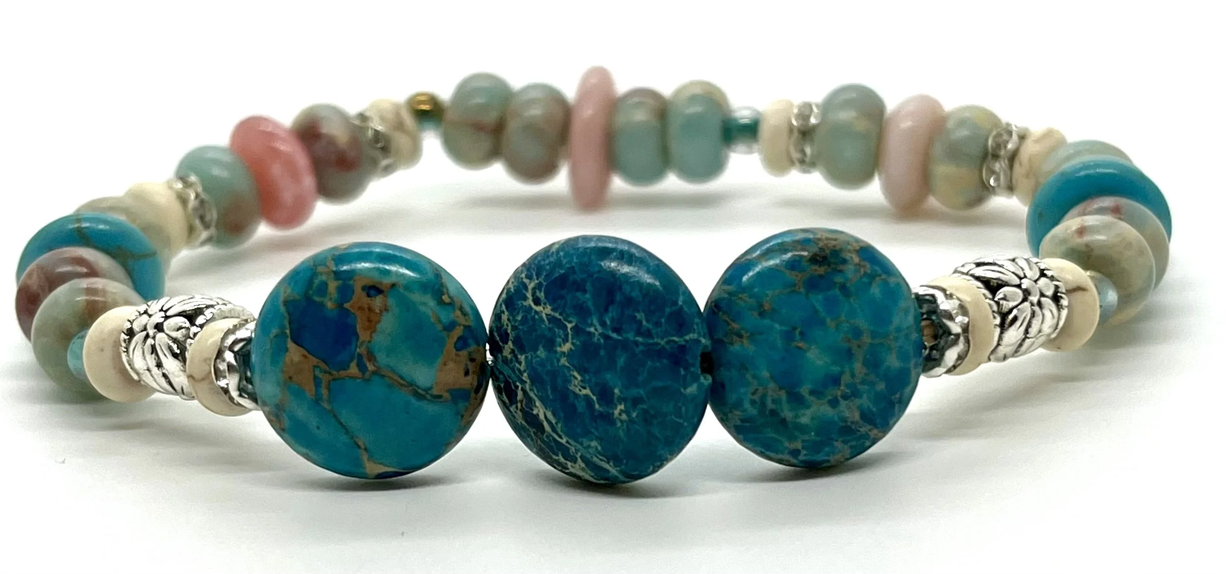 Blue sediment Jasper, Snakeskin Jasper, Blue Howlite, Peruvian Pink opal, White Turquoise & charm bracelet