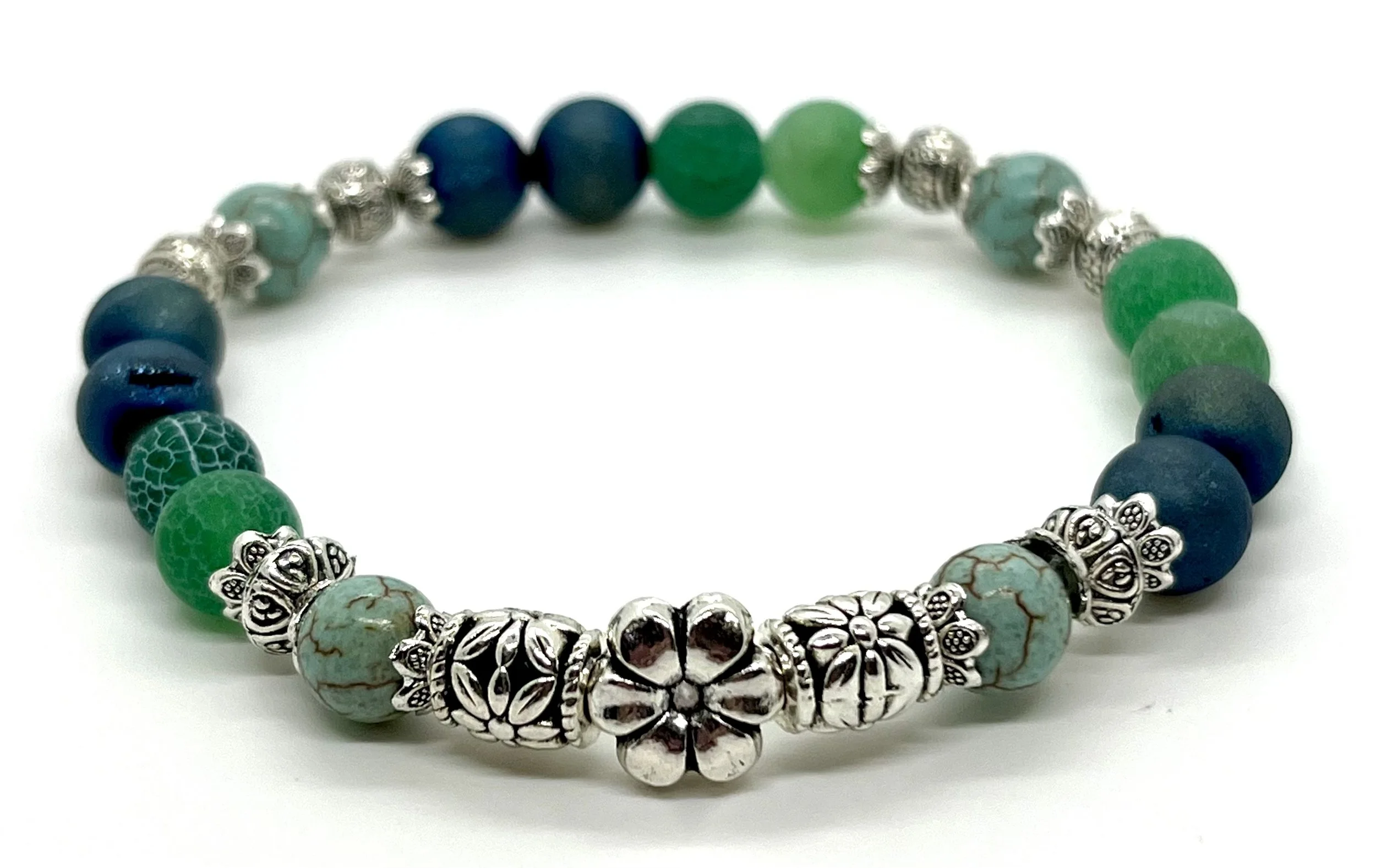 8mm Turquoise, Druzy Peacock Quartz & Green Fire Agate with charms