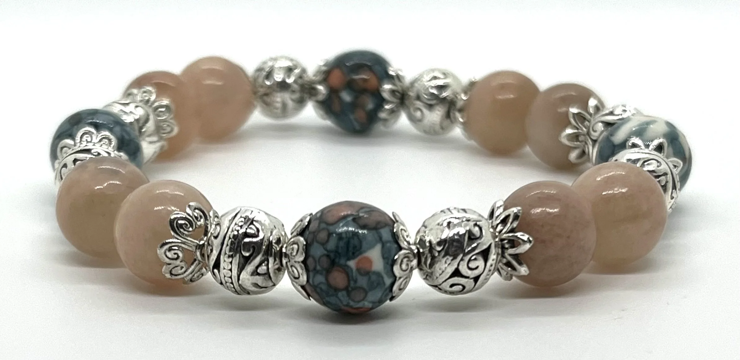 10mm Sunstone & blue rainflower viewing stone bead bracelet with charms
