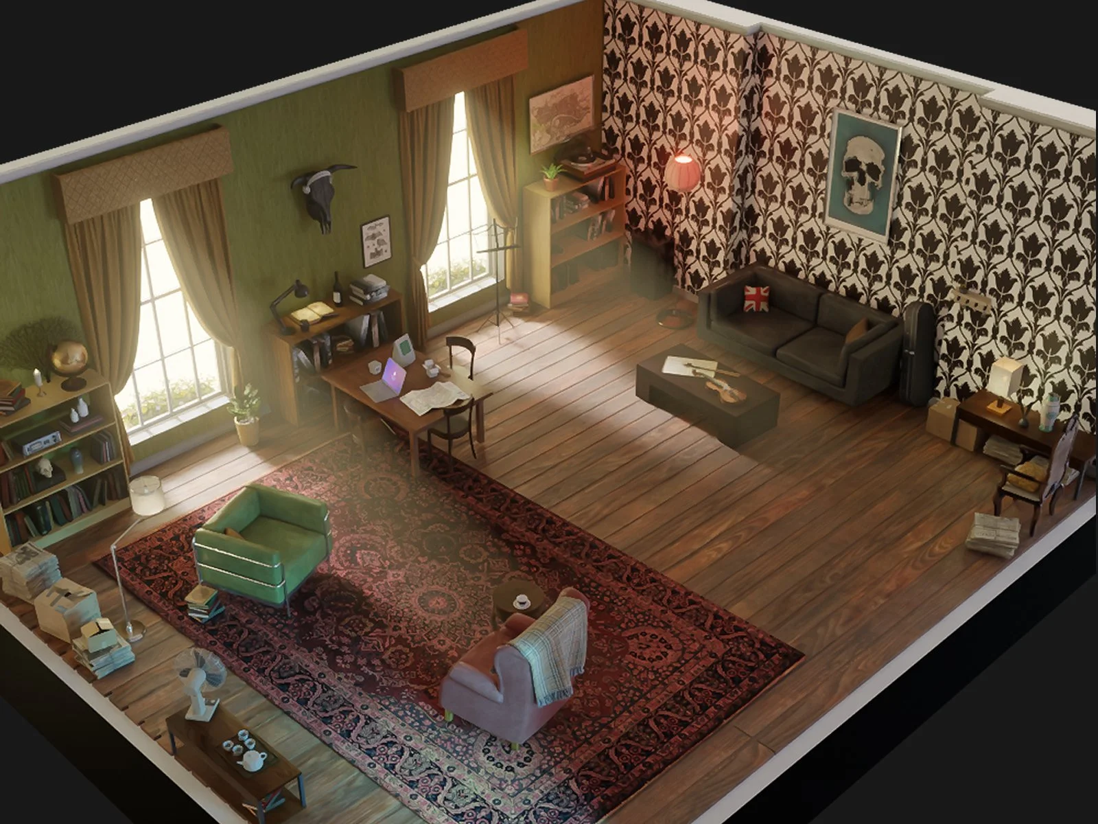 A cozy living room with two large windows, green and patterned wallpaper, wooden flooring, and various furniture including a green armchair, beige sofa, black sofa, coffee table, and bookshelves. Decor includes curtains, lamps, pictures, and a skull wall art.