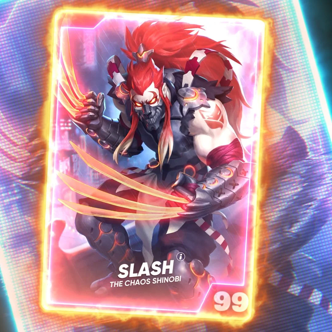 Digital illustration of a fierce warrior with long red hair, metallic armor, and glowing red eyes, holding sharp blades with glowing edges. The background is vibrant with neon lights, and the text reads "Slash: The Chaos Shinobi" with a number 99 at the bottom right corner.