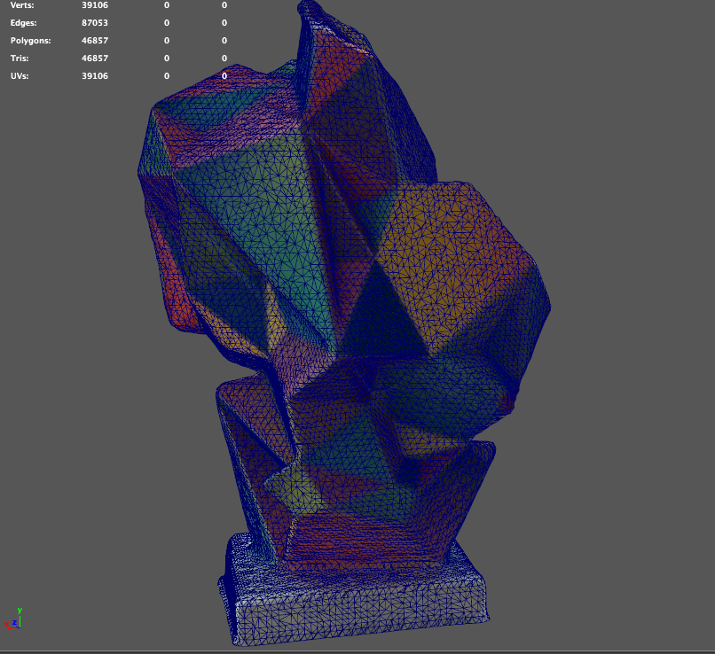 Wireframe 3D model of a colorful crystal or mineral formation with multiple facets.