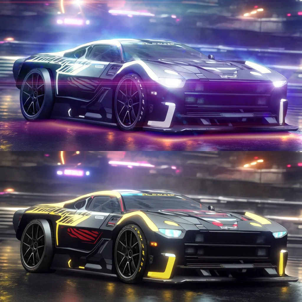 Digital artwork of two female cyberpunk characters with short hair, one with blue hair and the other with purple hair, in high-tech outfits set against a futuristic cityscape with neon lights.