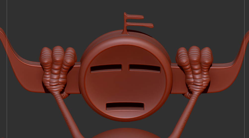 A digital sculpture of a cartoonish robot face with exaggerated features, holding its head with both hands, with long flexible fingers, and with a small flag on top of its head, all in a reddish-brown color.