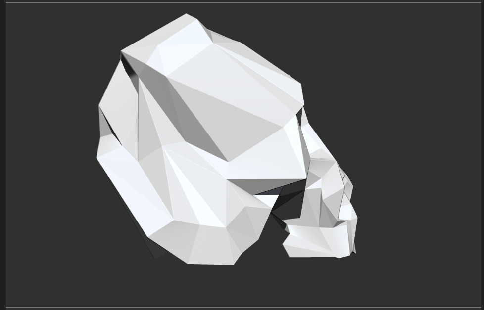 Low-poly 3D rendering of a human skull on a dark background.