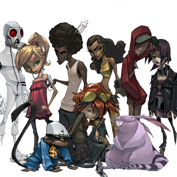 Group of cartoon characters with diverse appearances and styles, including robots, animals, and humans.