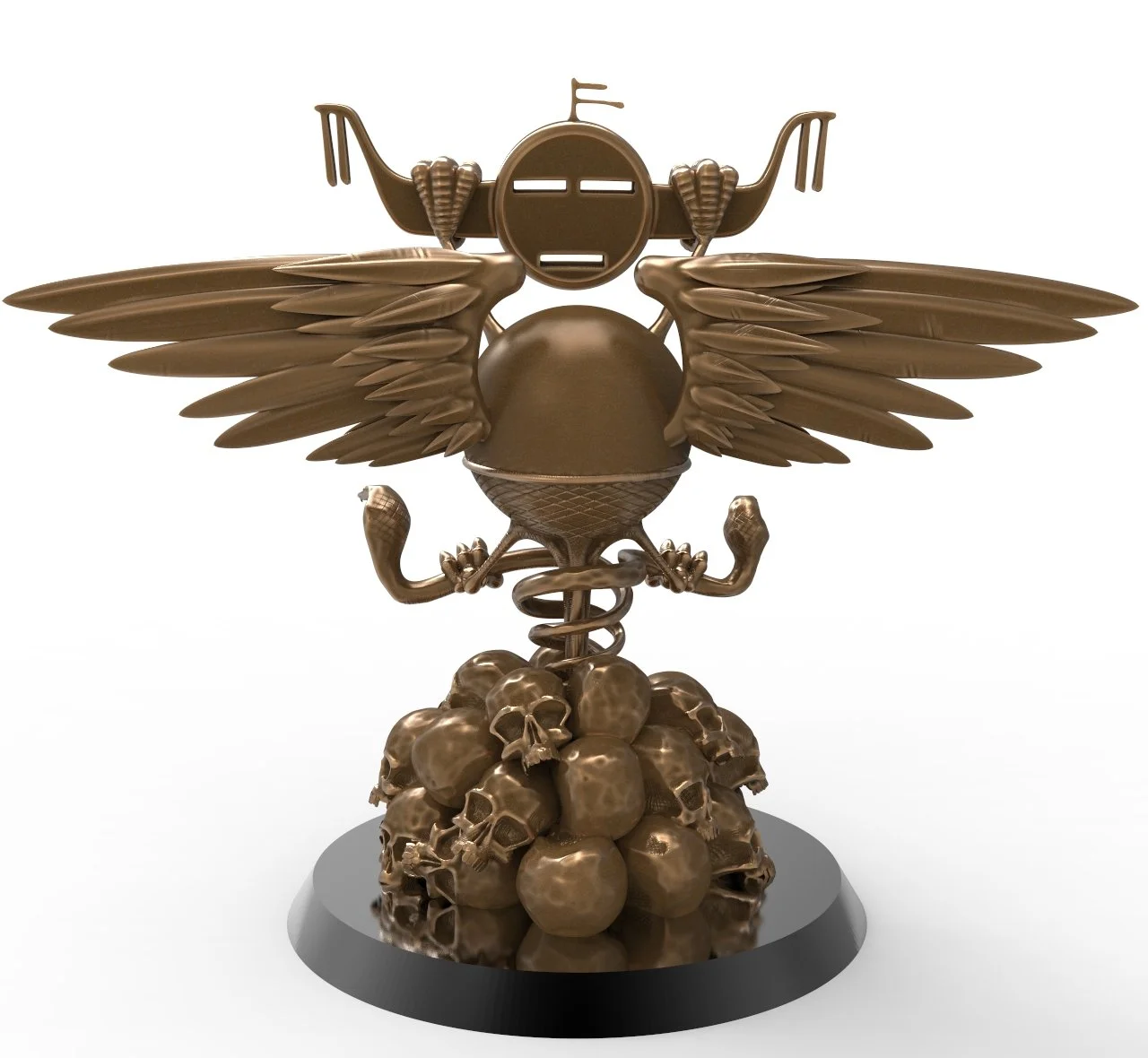 Brown sculpture of an eagle with outstretched wings, holding a globe decorated with skulls in its talons and a shield on its chest, atop a pile of skulls and bones.