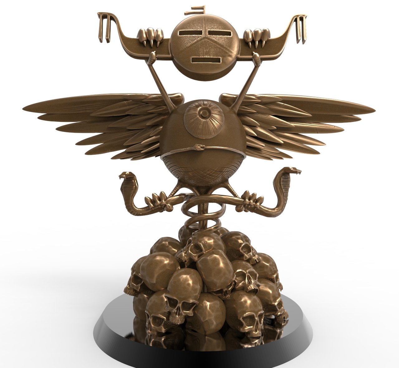 A metallic sculpture of a mythological creature with a round face, large outstretched wings, and a body made of intertwined snakes. The creature is holding a trident and is standing on a pile of skulls.