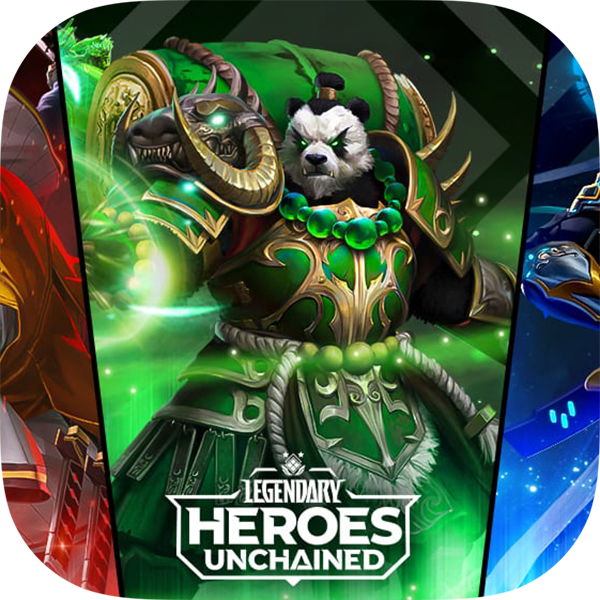 A panda dressed as an armored warrior in green and black with gold accents, holding a large green shield with glowing green effects, from the game Legendary Heroes Unchained.
