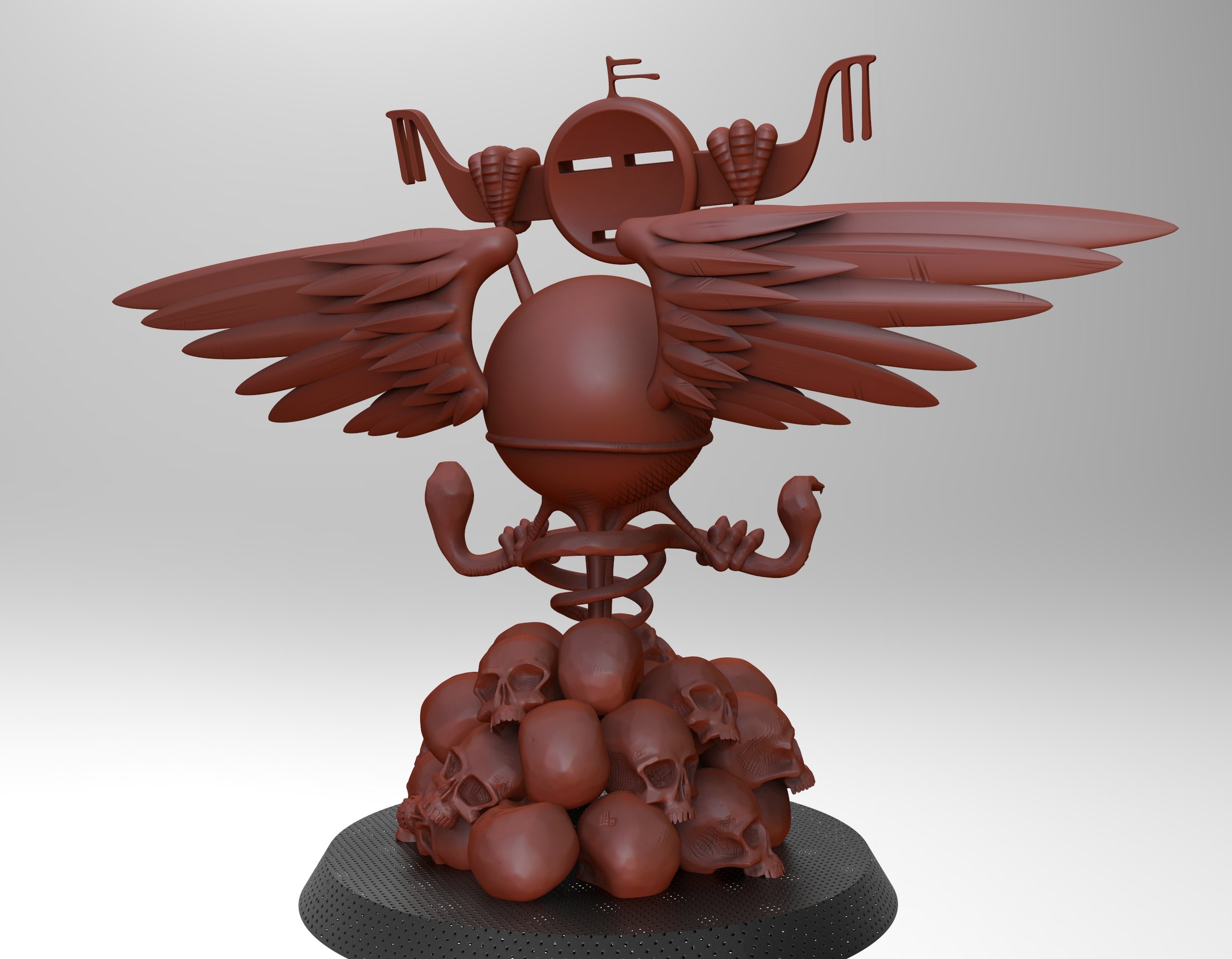 A sculpture of a flying creature with wings, standing on a base of skulls and skull-shaped objects, with a round body and a face with slitted eyes.