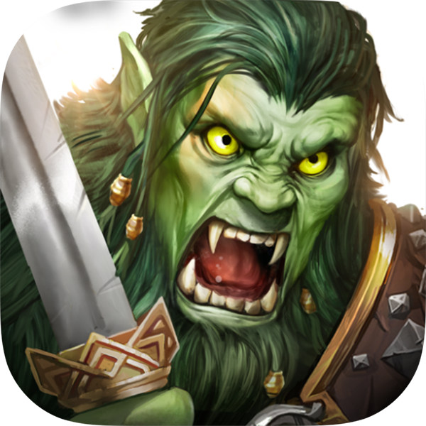 Digital illustration of an orc with green skin, yellow eyes, and sharp teeth, holding a sword and shield, snarling aggressively.