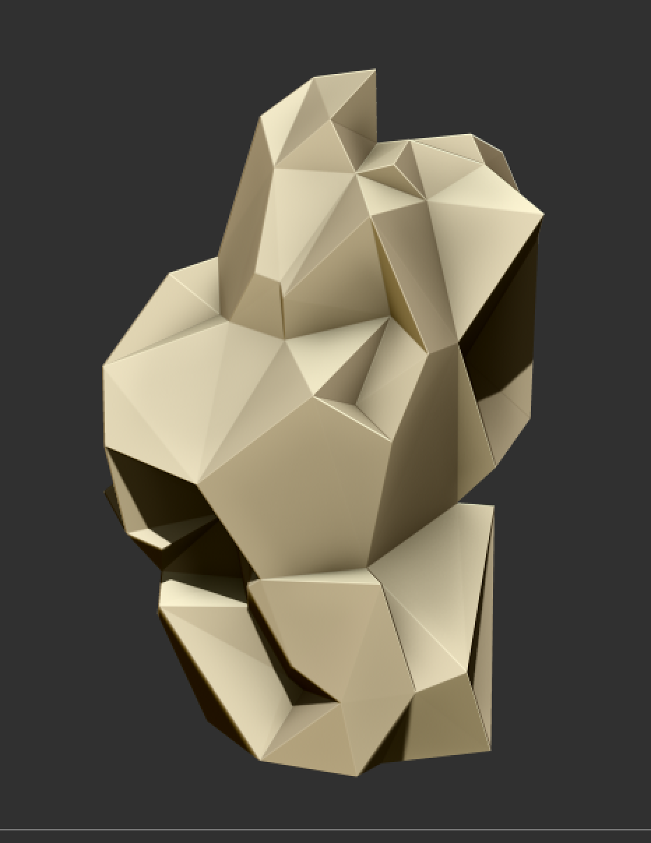 A geometric, faceted sculpture resembling a crumpled paper or abstract figure, with a beige or cream color against a dark background.