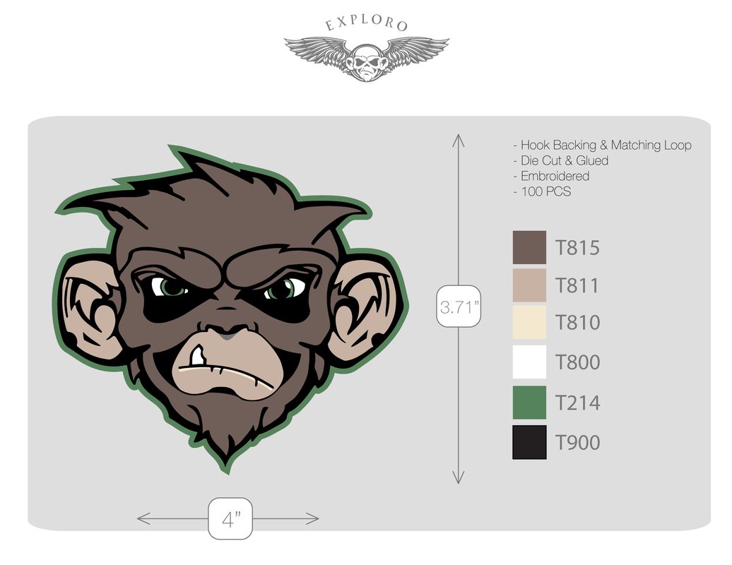 An embroidered patch of a cartoonish angry monkey face with black eye patches, a frown, and a missing tooth, designed for creating ignition or clothing accessories, with a color palette and dimensions specified.