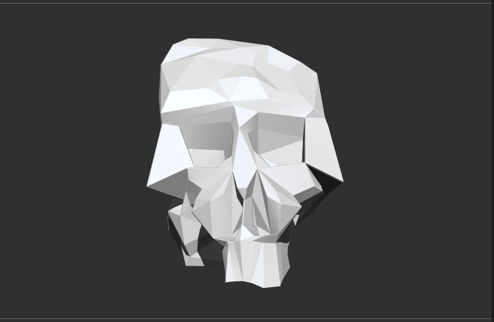 Low-poly 3D model of a human skull, gray and white color, set against a dark background.