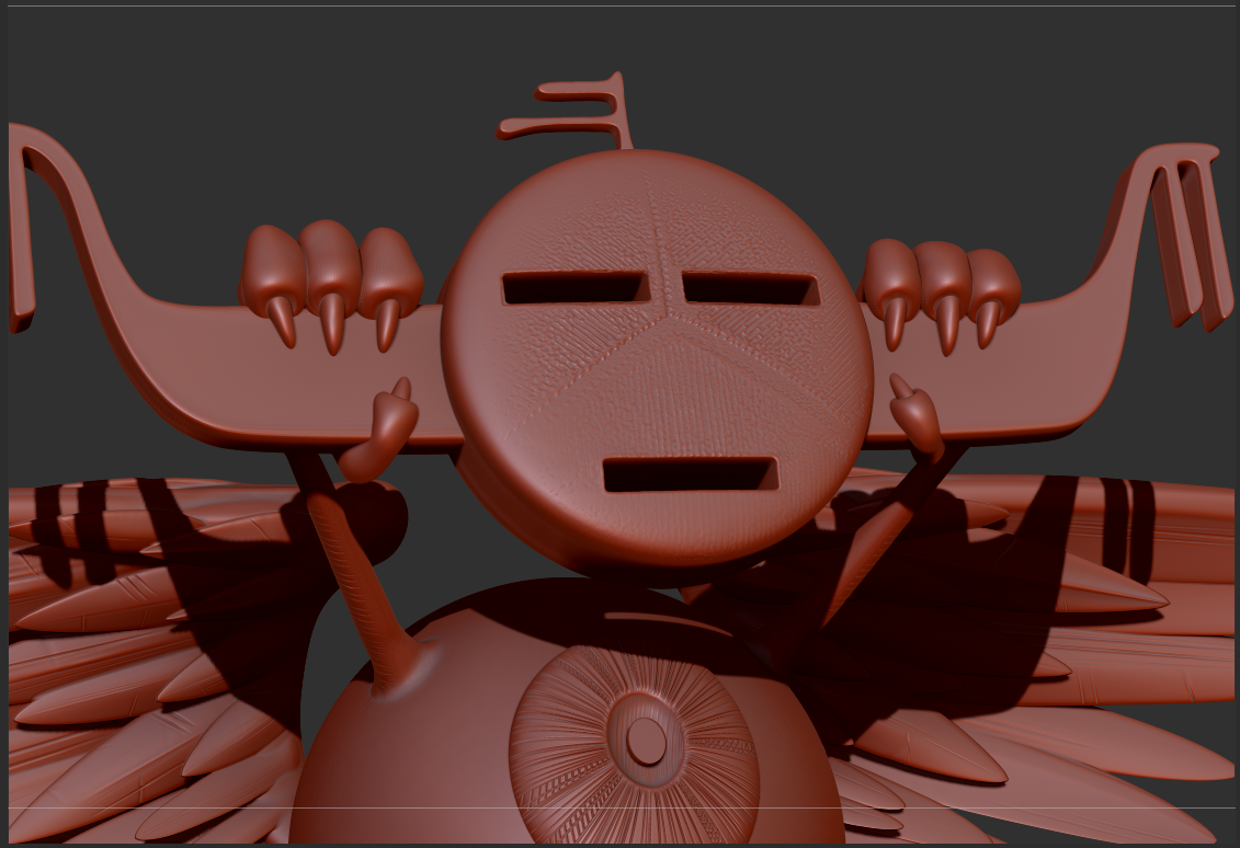 3D model of a stylized crab with a round face, rectangular eye slits, claws, legs, and a segmented body, sitting on a surface
