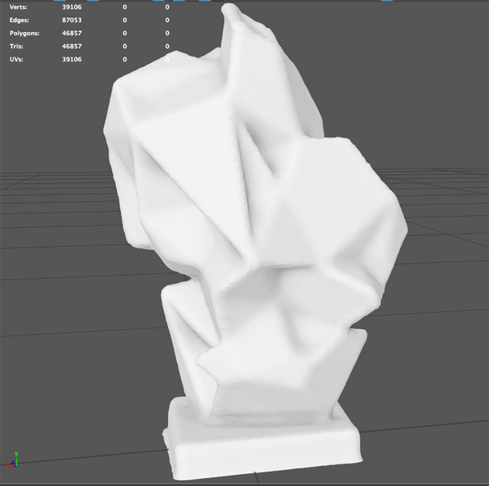 3D white sculpture of an abstract, geometric form on a rectangular base, displayed in a digital modeling environment.