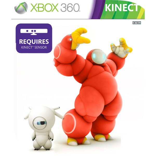 Kinect sensor box art featuring two animated characters, one red and bulky with yellow hands and feet, and one small white with a single eye, on an Xbox 360 cover.