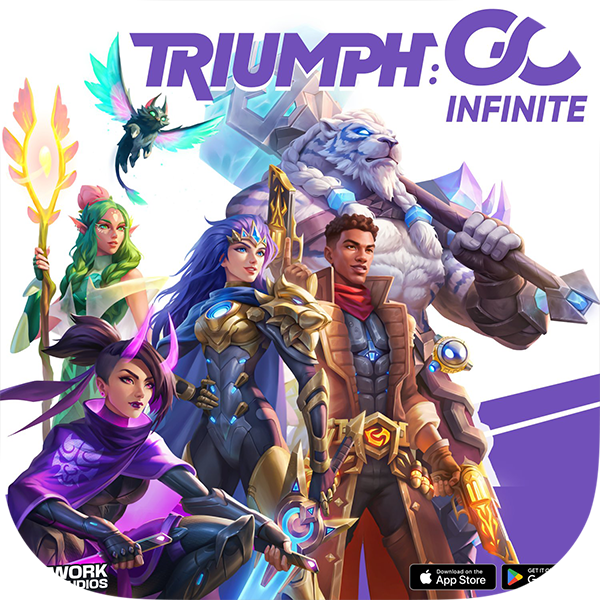 Heroic characters from the game TRIUMPH: GCS INFINITE, including a female with green hair and a staff, another female with blue hair and armor, a young man in brown jacket, and a large white lion creature with a massive hammer, all standing together in a vibrant, fantasy-themed setting.