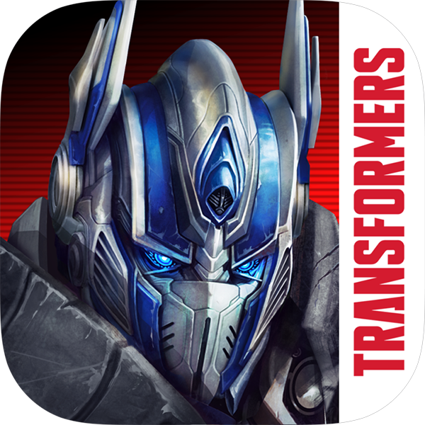 Close-up of Optimus Prime, the Transformer, with glowing blue eyes and detailed robotic face, against a red striped background, with 'Transformers' logo on the side.