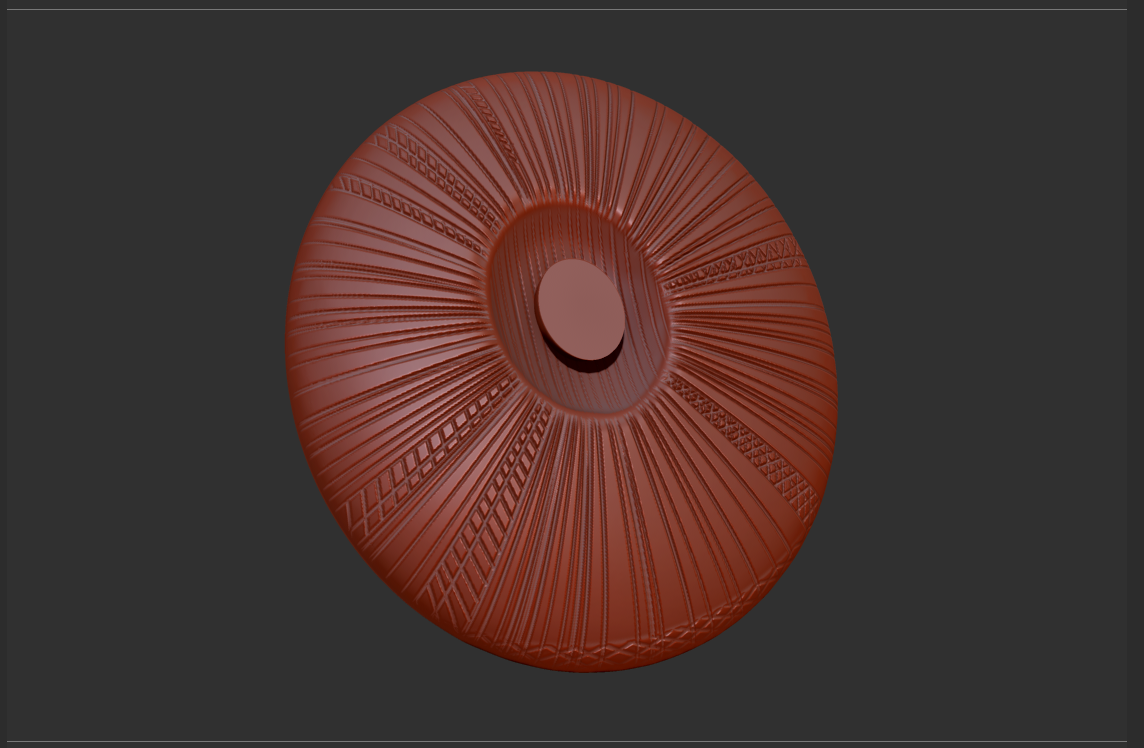 3D-rendered brown circular object with intricate textured patterns on a dark background.