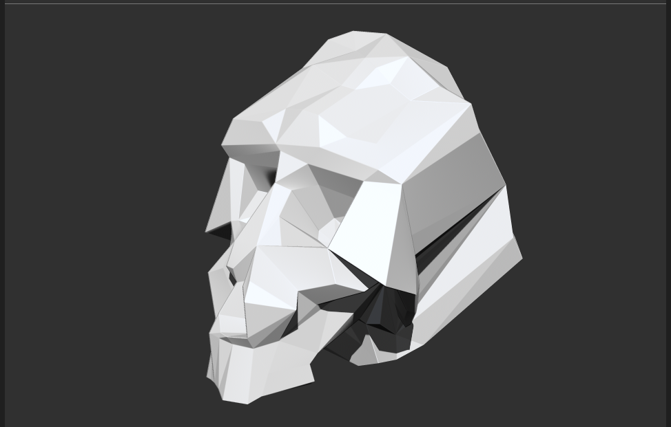 A low-poly, geometric lion skull sculpture with a white and black color scheme on a dark background.