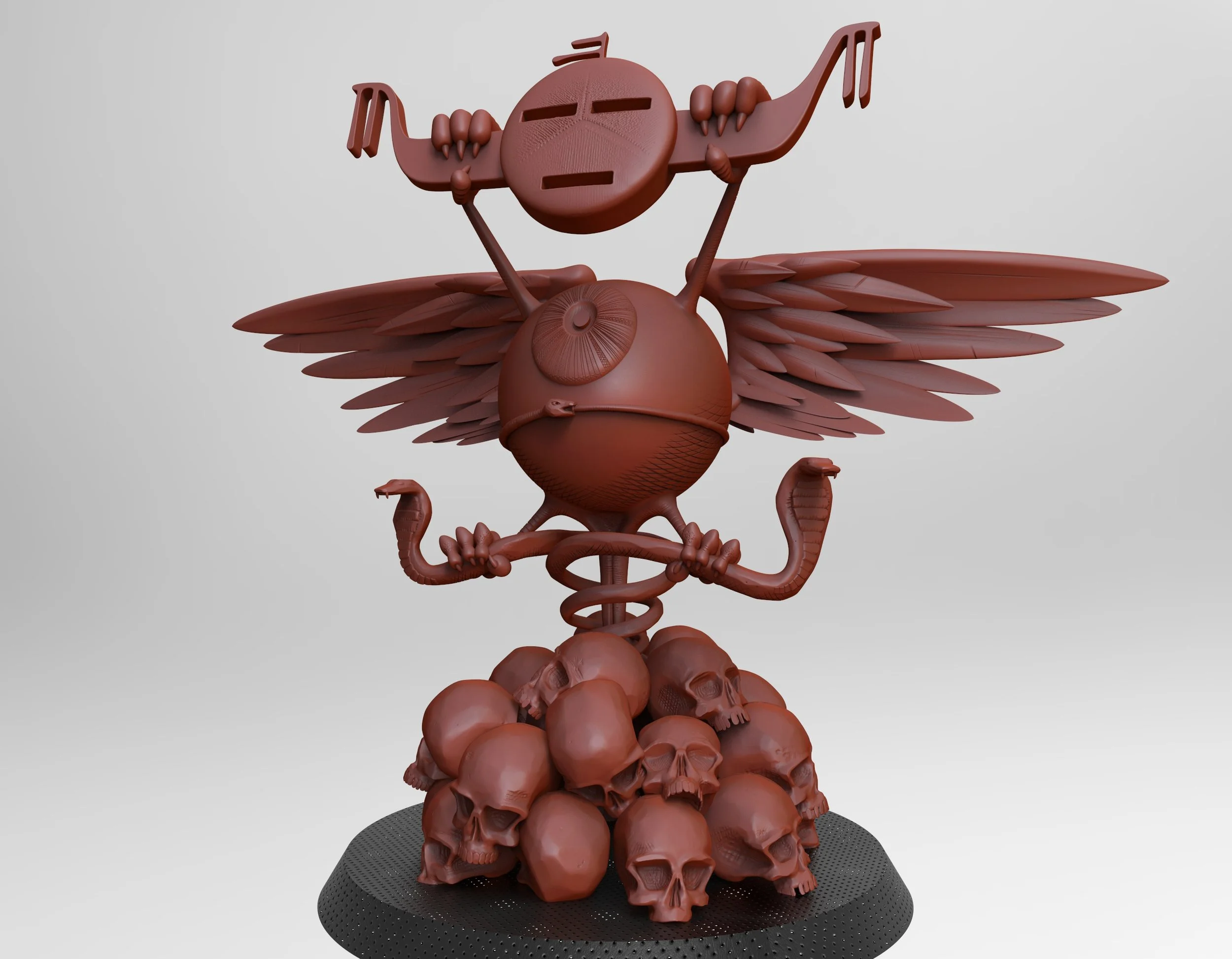 A detailed 3D sculpture of a mythological creature with the body of a bird, wings, a spherical head with a face, and multiple snake-like arms, standing on a pile of human skulls.