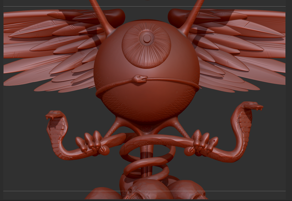 A 3D model of a creature combining elements of a bird, snake, and insect, featuring large wings, a spherical body, and coiled limbs.