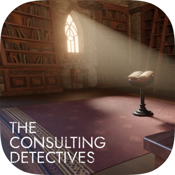 A cozy, historic library with tall wooden bookshelves filled with books, sunlight streaming through a tall gothic window, an open book on a stand, and a purple patterned rug.