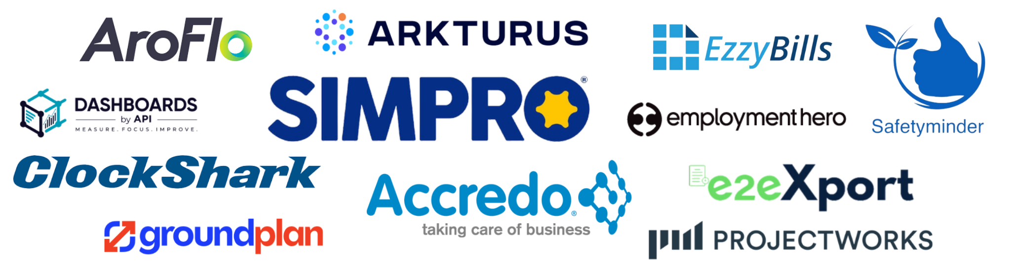 A collage of various company and organization logos, including Arcfel, ARKTURUS, EZzyBills, SimPRO, Safetyinder, E2eXport, Dashboard, CleverShark, AssetAlign, PROTECTWORKS, and 7ground.