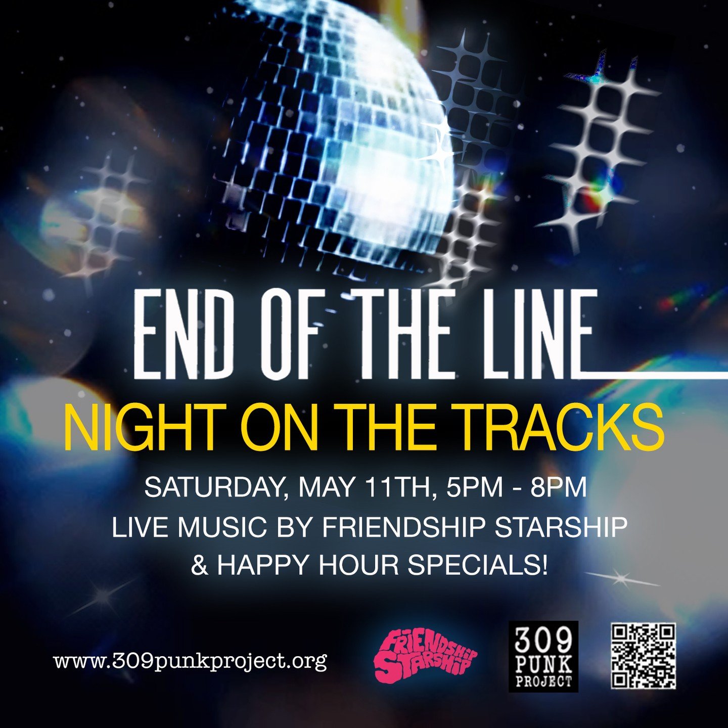 Join End of the Line on Saturday, May 11th, for Night on the Tracks, a multi-venue downtown event hosted by the 309 Punk Project! Enjoy an evening of great food, cold drinks, specials, art exhibitions, and live entertainment by Friendship Starship an