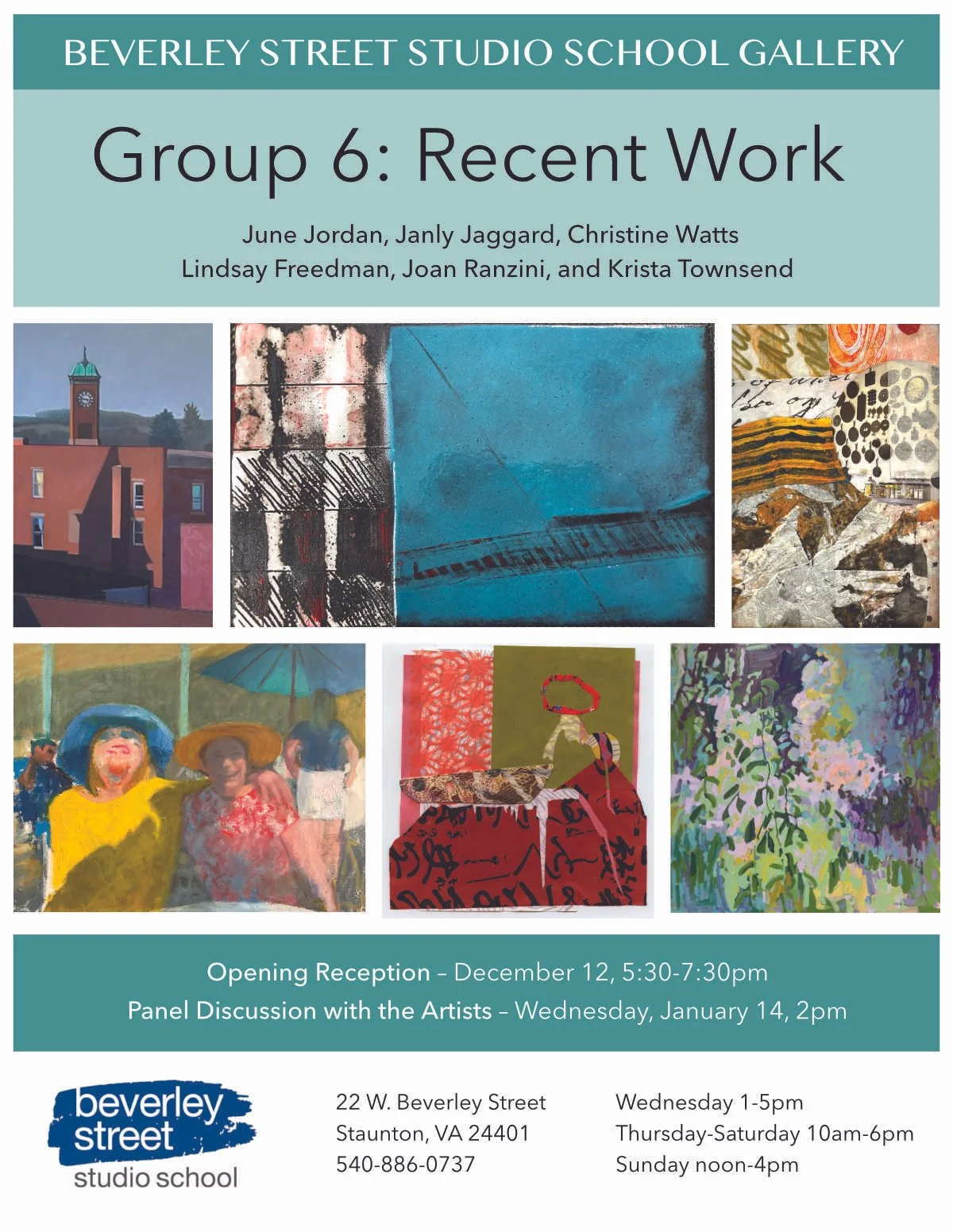 A poster advertising the group show with an image of each artist work in a grid.