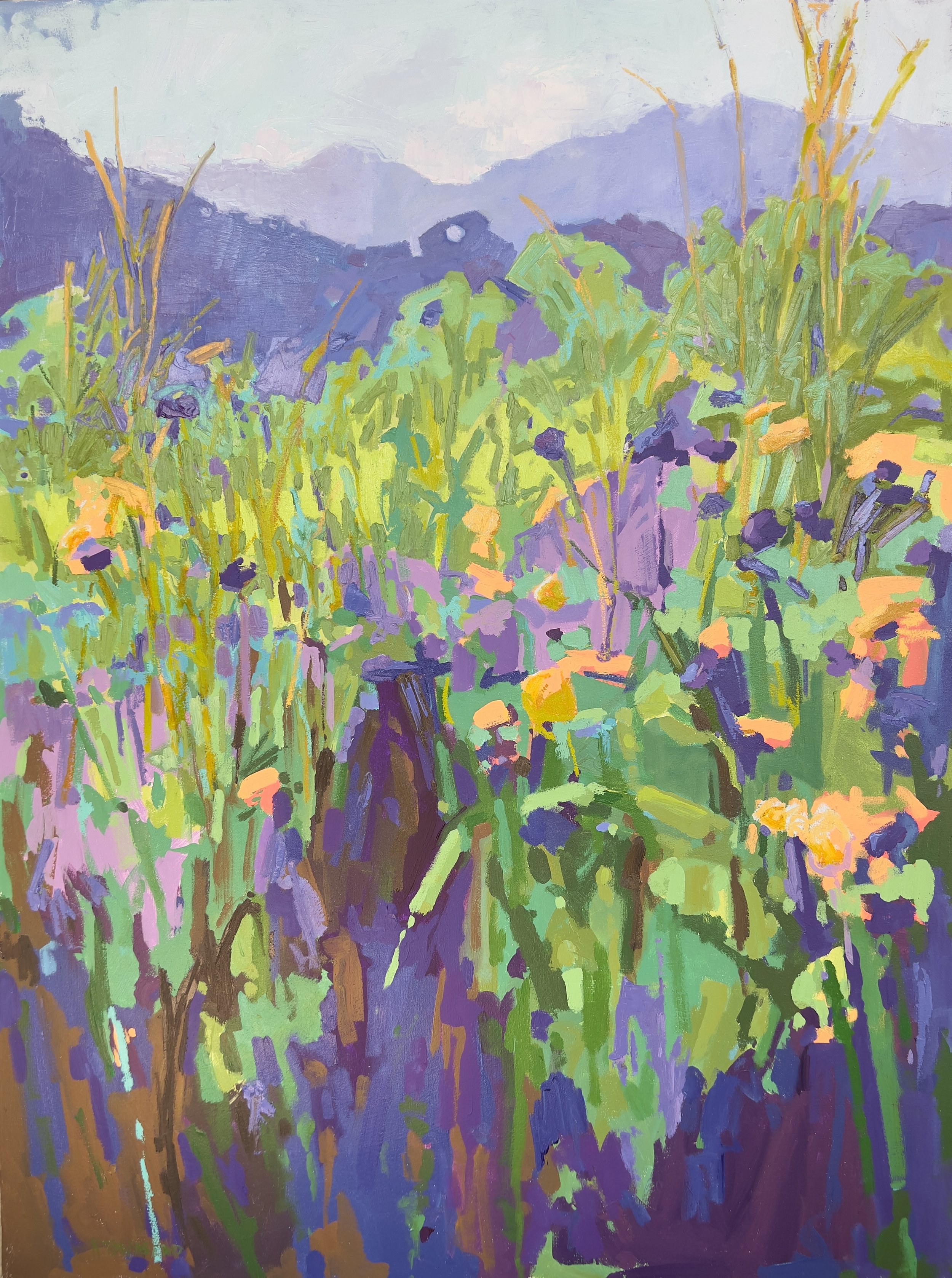A painting of orange flowers and grasses in front of purples mountains in the distance.