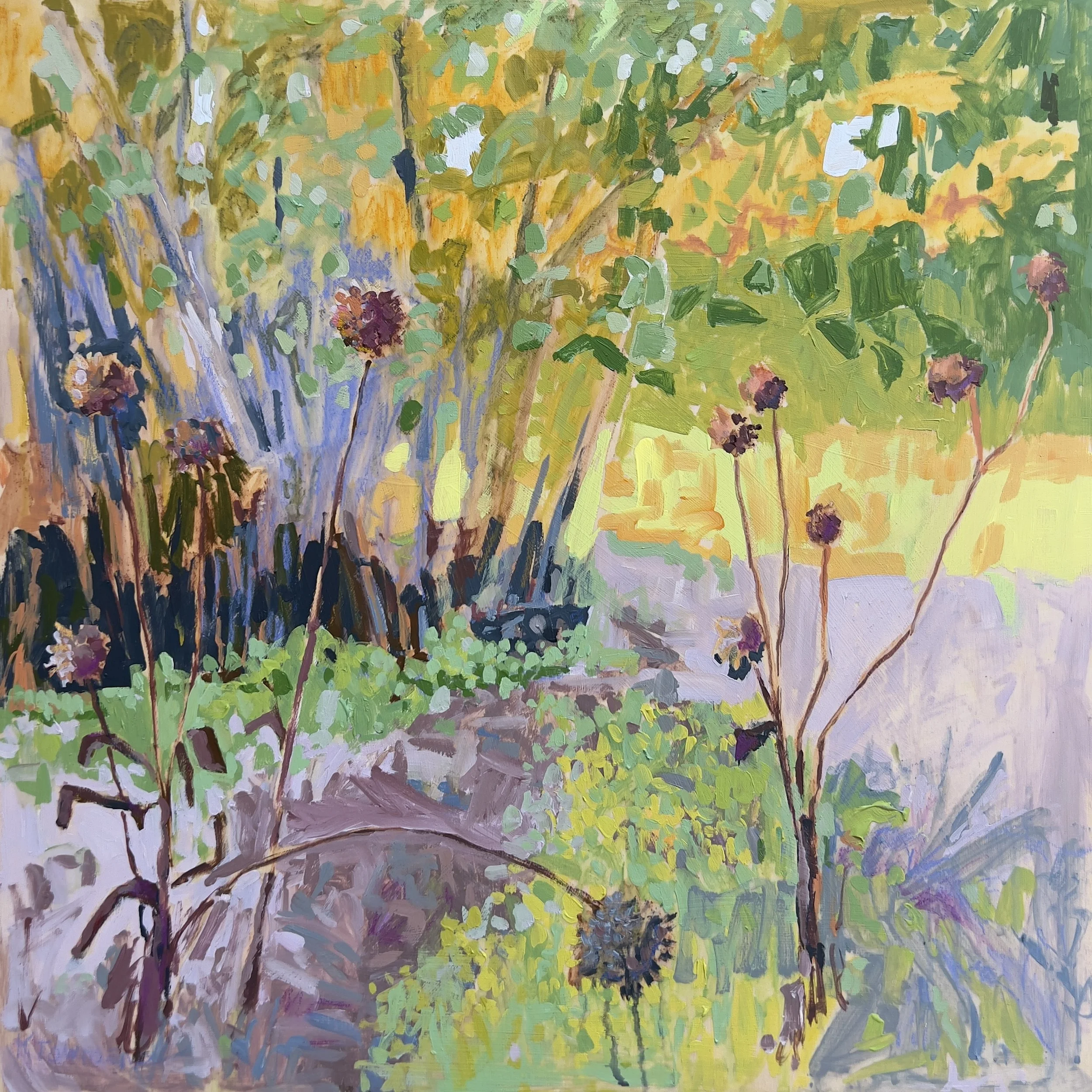 Warm colorful painting with grasses and weeds in the background and a few dying echinacea in the foreground.