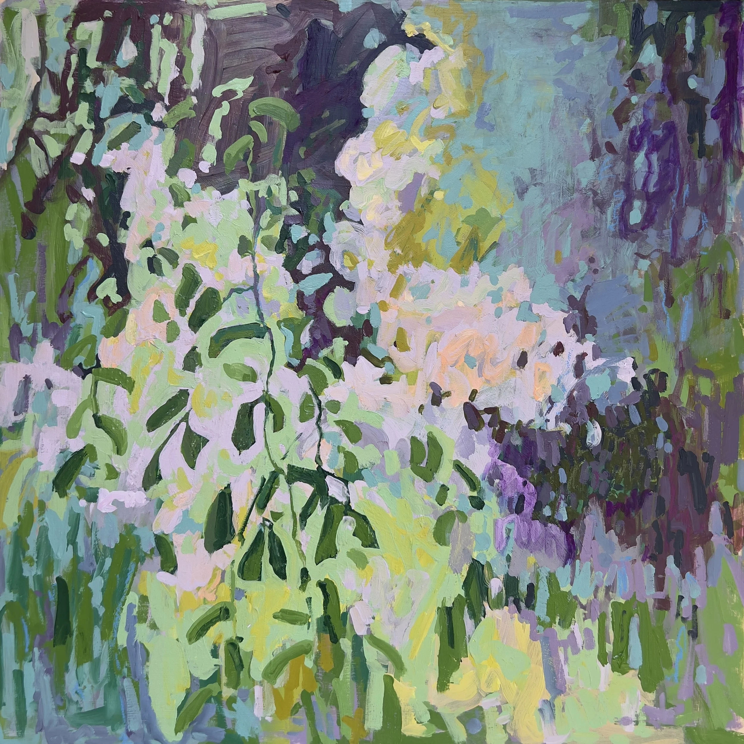 A landscape painting of vines with pinks and purples in the background.