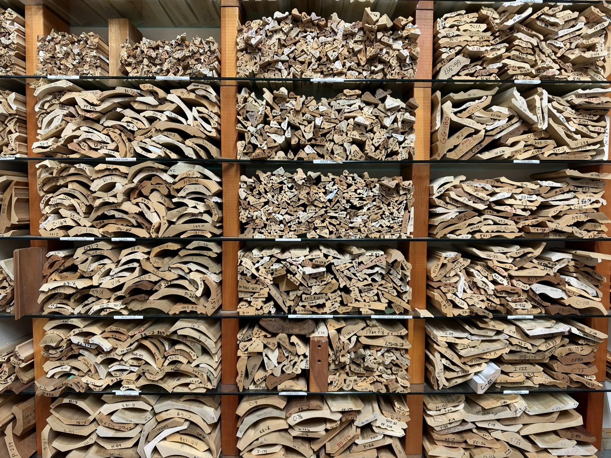 Wood moulding profile samples organized in the O.B. Williams profile library in Seattle.
