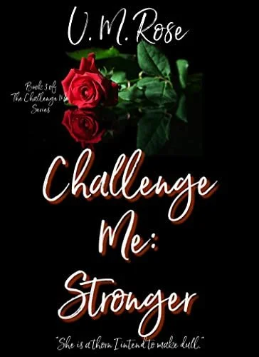 A red rose with green leaves reflected on a black background, with text reading 'U.M. Rose, Challenge Me: Stronger, and a quote: 'She is a thorn I intend to make bloom.'